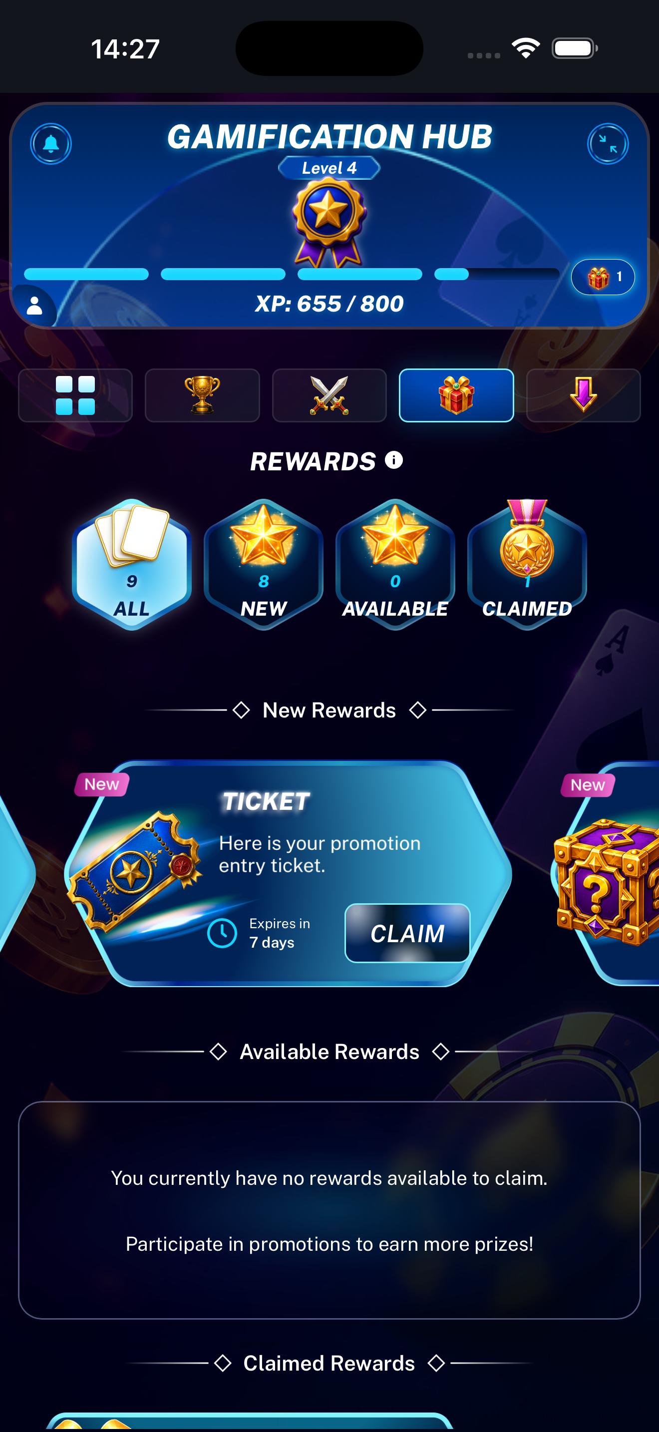 Entry Ticket in the Rewards section displayed on a mobile phone